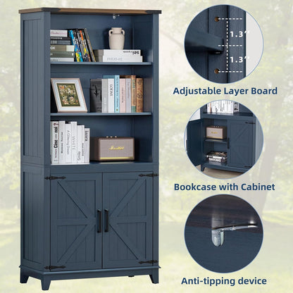 5 Tier Bookshelf 70in Tall Bookcase with Barn Doors and Storage Cabinet, Blue Farmhouse Book Shelf