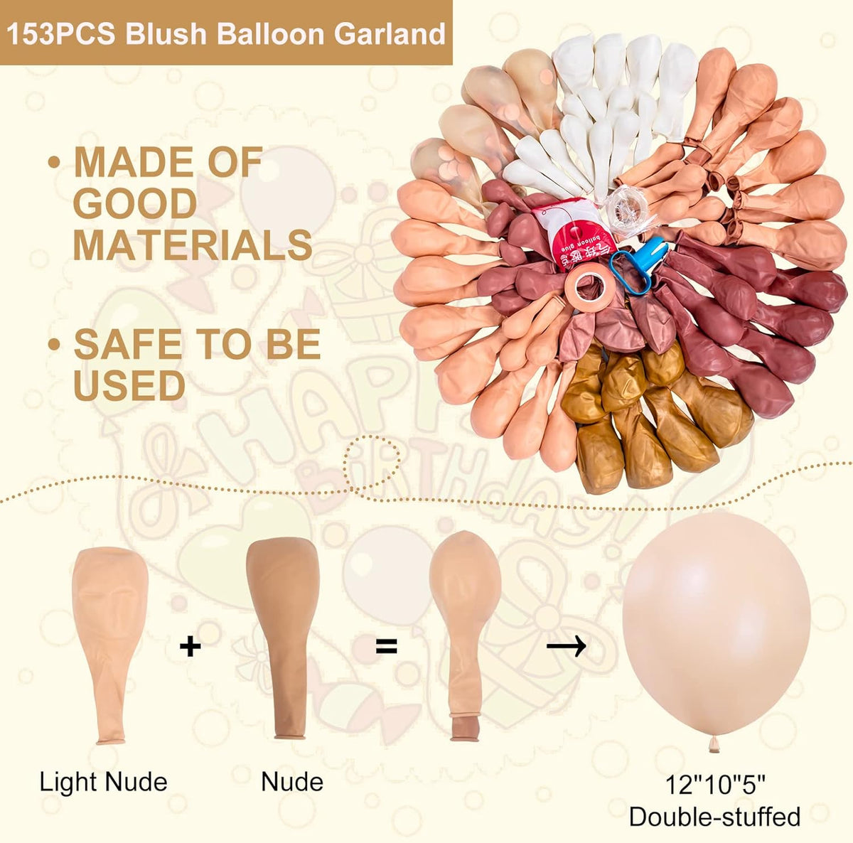 Amandir 153Pcs Boho Blush Balloon Garland Arch Kit, Double-Stuffed Nude Cream Peach Dusty Rose Pink