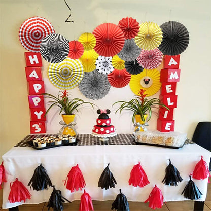 Party Hanging Paper Fans Set, Black Round Pattern Paper Garlands Decoration for Birthday Wedding