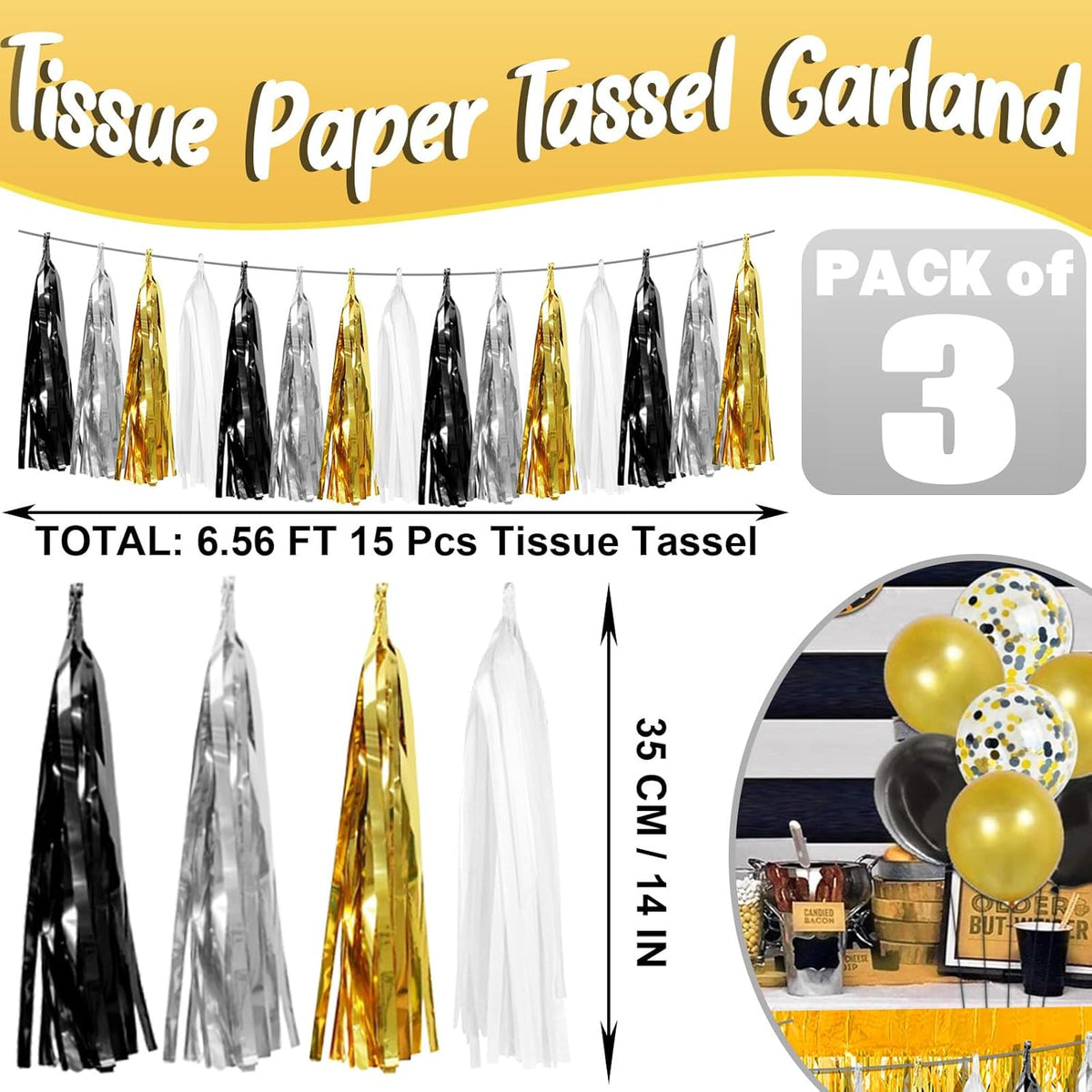 3P Black Gold Silver Foil Fringe Metallic Tassel Garland, Tassels Banner Streamers for Parade