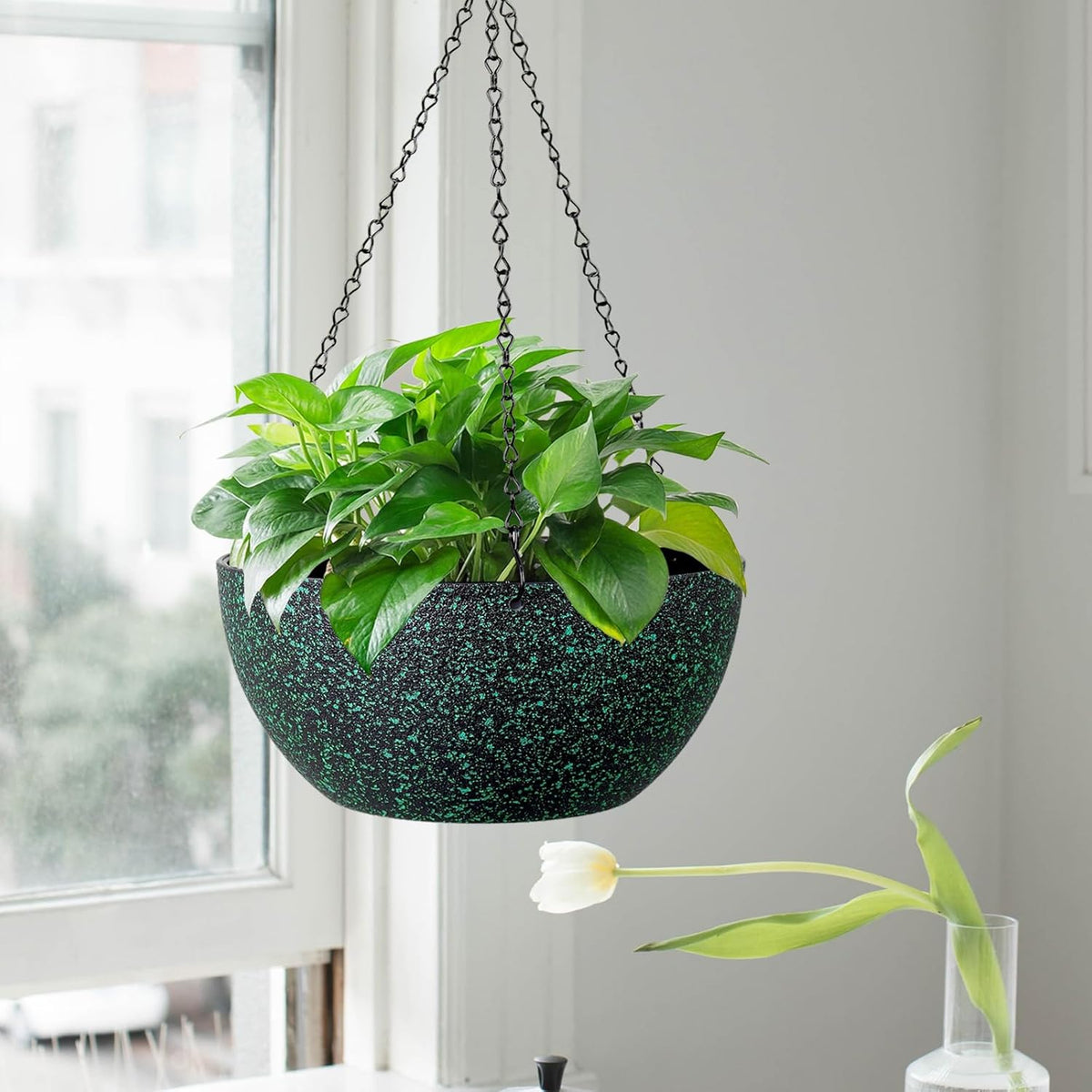 10inch Hanging Planters for Outdoor Indoor Plants with Drainage Holes and Chain, 2 Pack Round