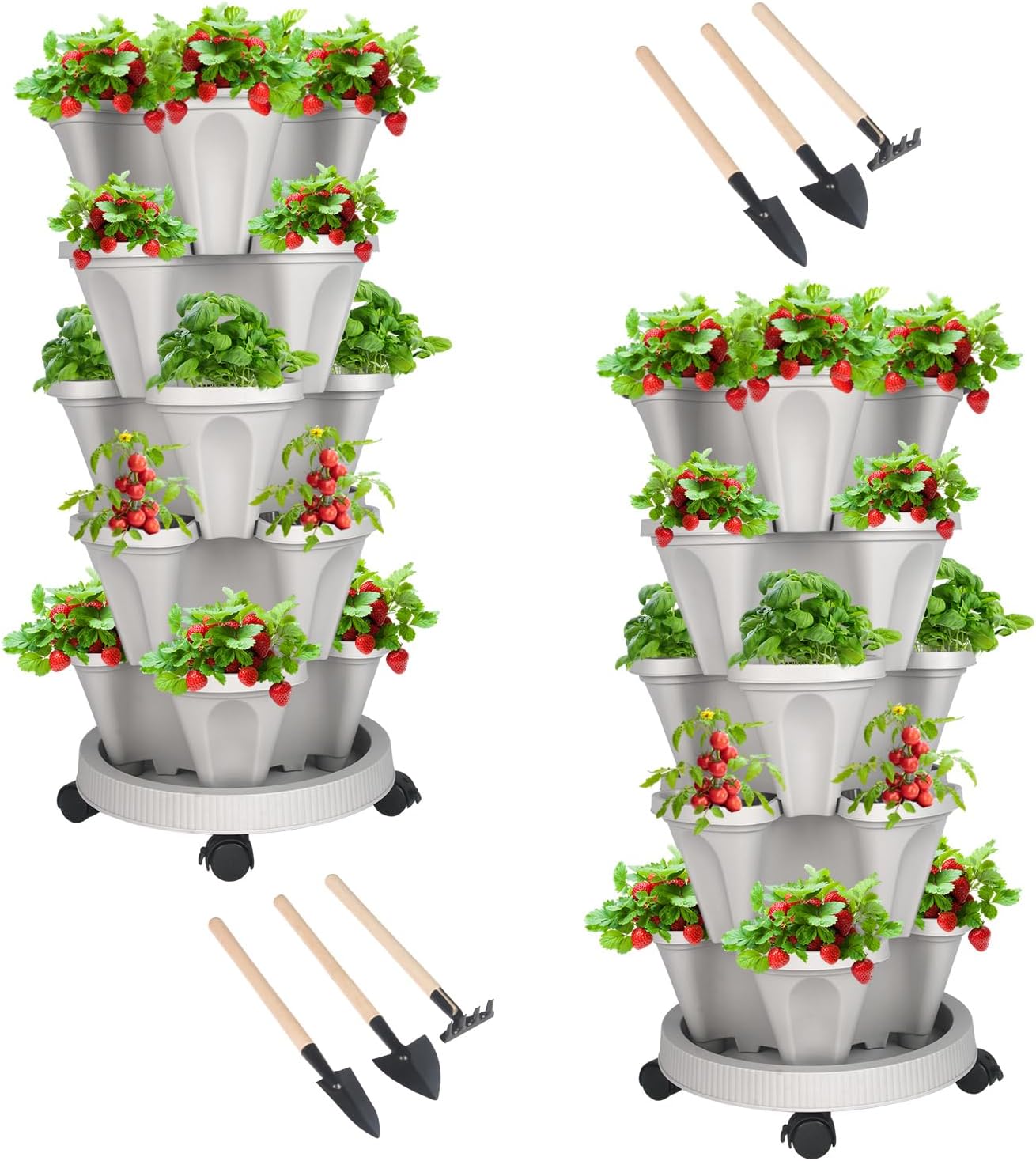 DUNCHATY Stackable Planter, Vertical Garden Planter with Wheels and Garden Tools, Strawberry