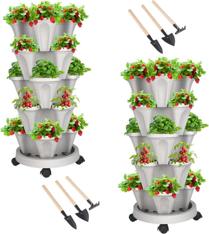 DUNCHATY Stackable Planter, Vertical Garden Planter with Wheels and Garden Tools, Strawberry