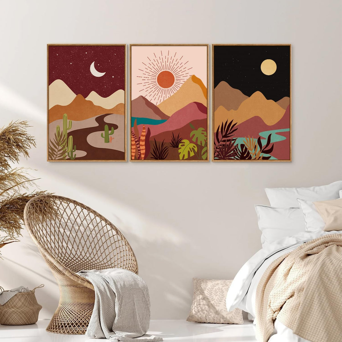 SIGNINART Boho Desert Framed Canvas Wall Art Set of 3, Colorful Sun and Moon Art Prints, Bohemian