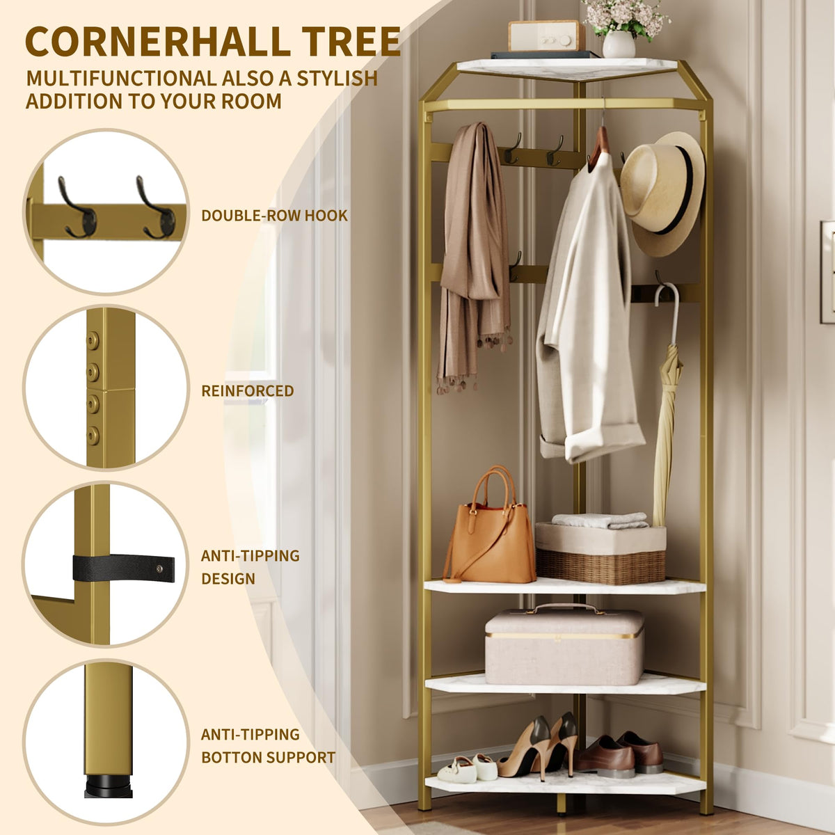 IDEALHOUSE Corner Coat Rack With Shoe Bench and 6 Double Hooks, Corner Hall Tree - Clothes Rack
