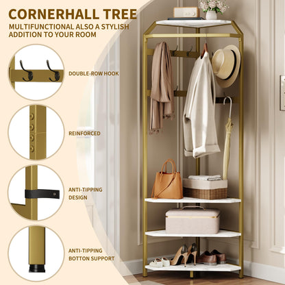 IDEALHOUSE Corner Coat Rack With Shoe Bench and 6 Double Hooks, Corner Hall Tree - Clothes Rack