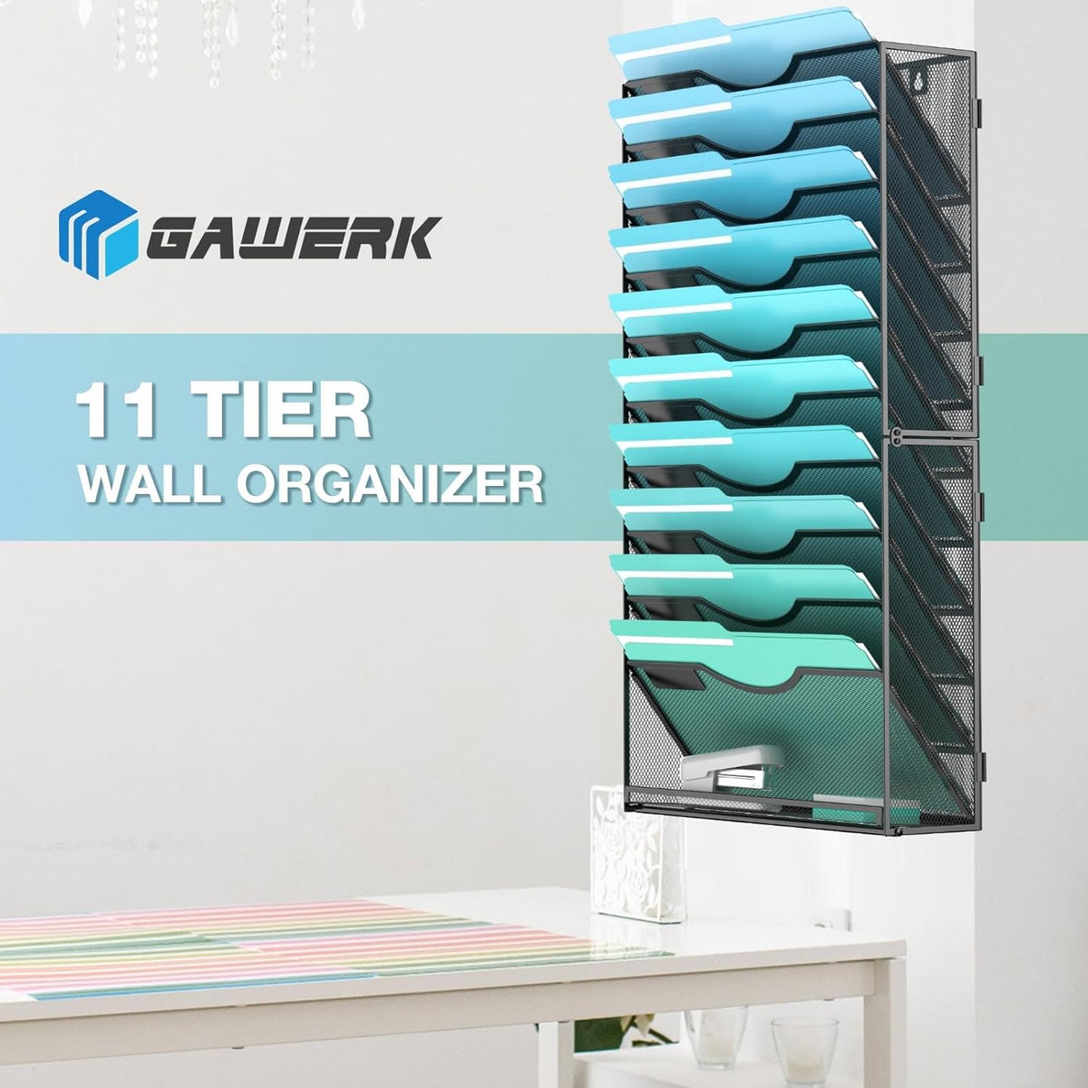 11-Tier Wall File Organizer Hanging Wall File Holder Wall Mount Paper Folder Organize, Mesh