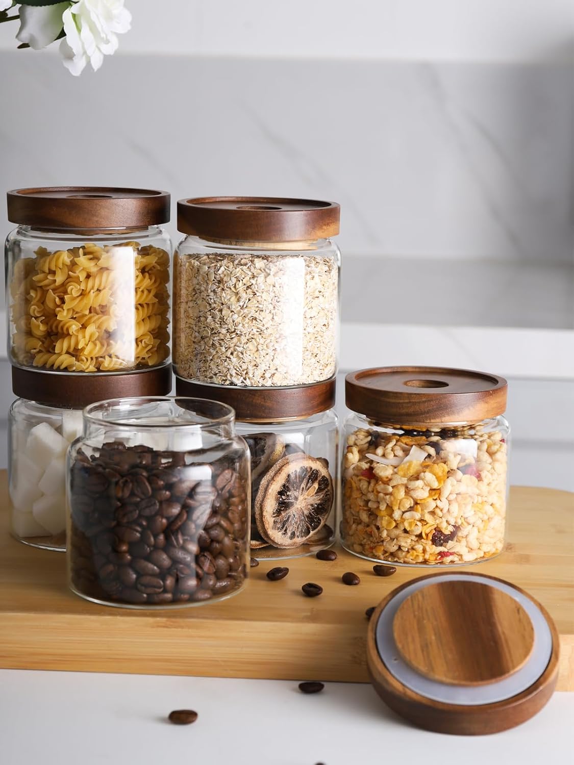 Kanwone Glass Storage Jars Set of 6, 17 Ounce Airtight Food Storage Containers with Bamboo lids