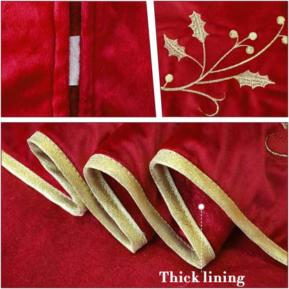 Christmas Tree Skirt, 48 inches Red Luxury Velvet Plush Fur Skirts with Gold Embroidered Holly Leaf