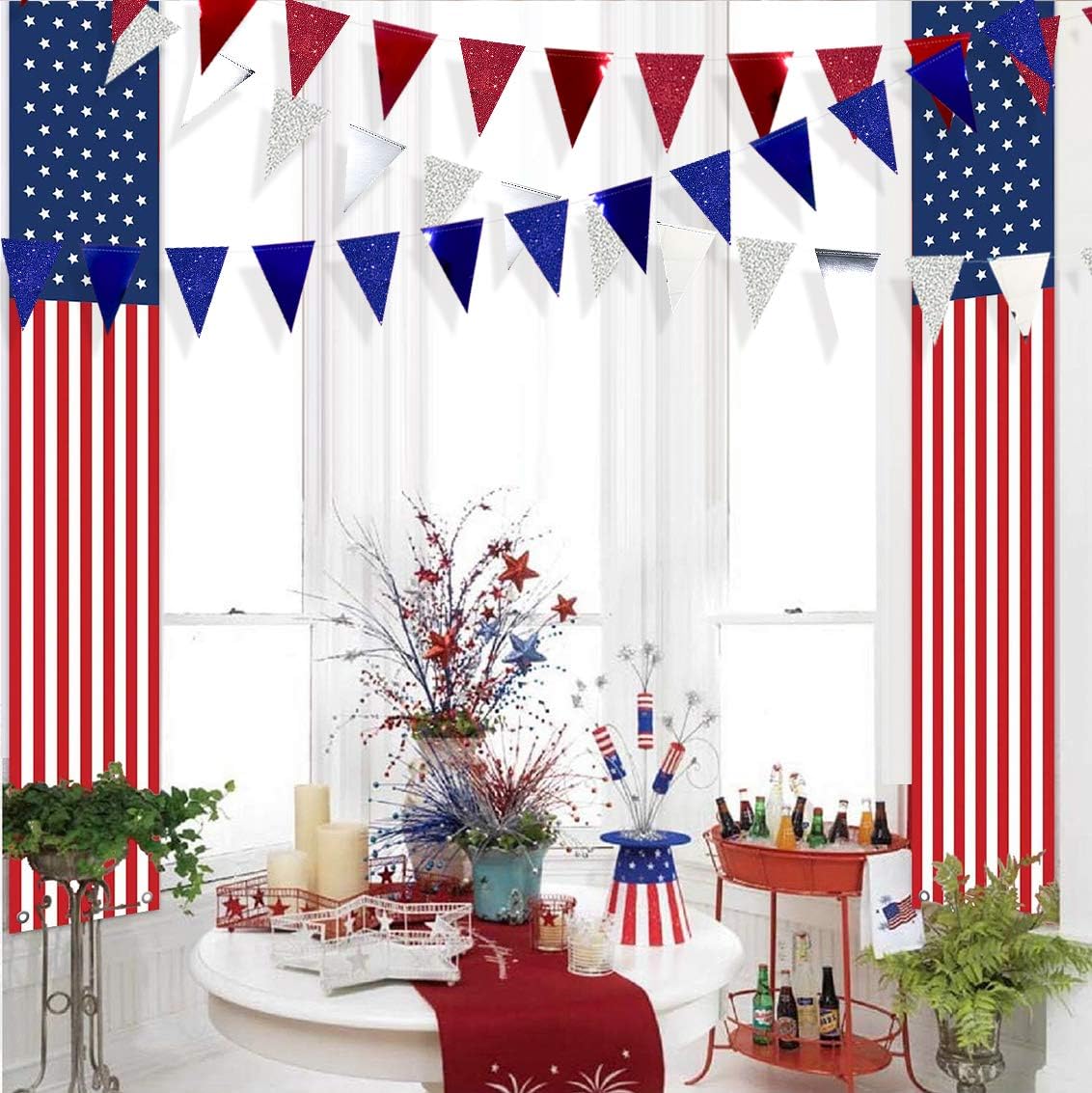 30 Ft Red Silver Blue Triangle Pennant Banner Bunting Hanging Paper Flag Garland for 4th of July