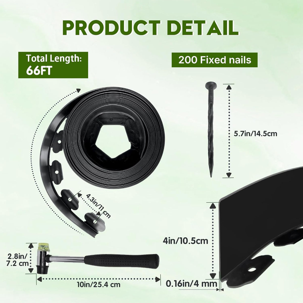 No Dig Landscape Edging 4" x 66FT Kit, Plastic Edging for Landscaping with 200 Spikes, for Garden