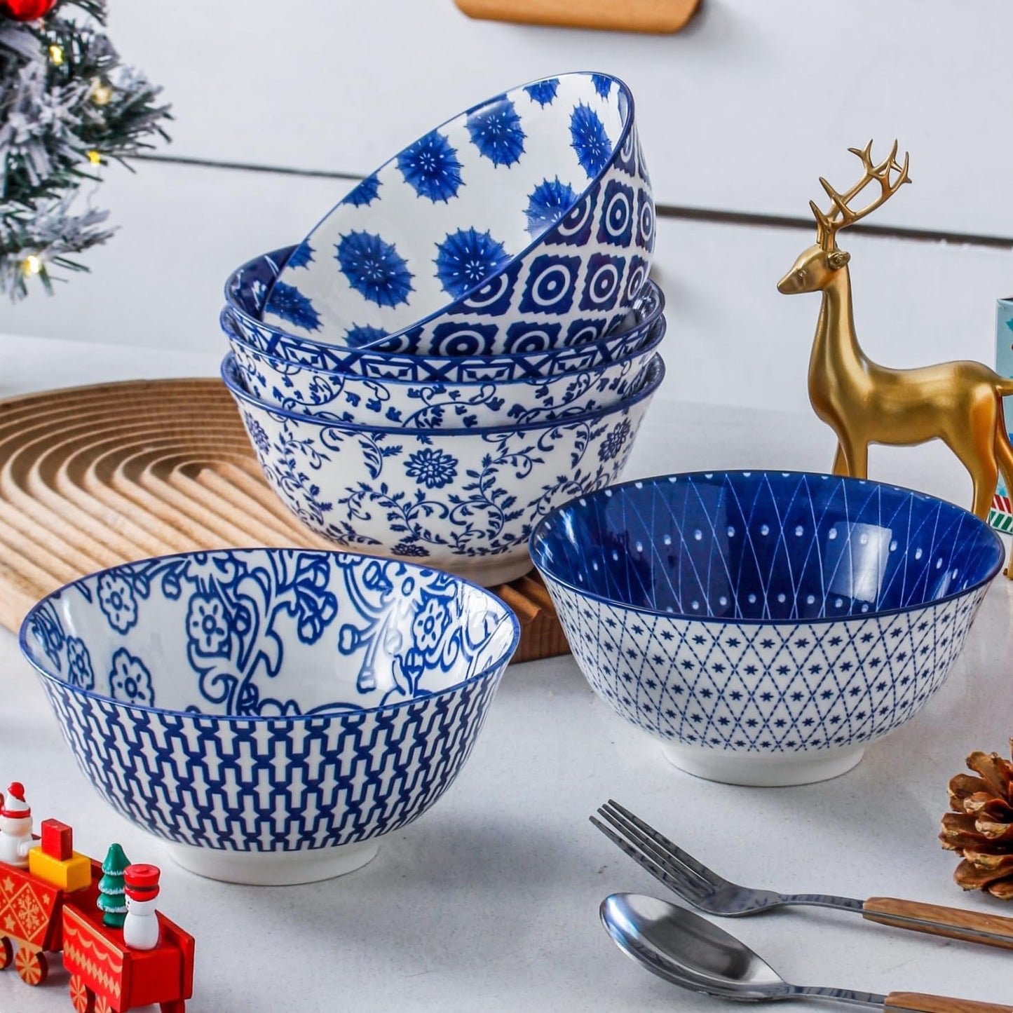Ceramic Soup Bowls Set - 24 Oz Deep Cereal Bowl for Kitchen - 6 Inch Large Porcelain Dinner Bowl