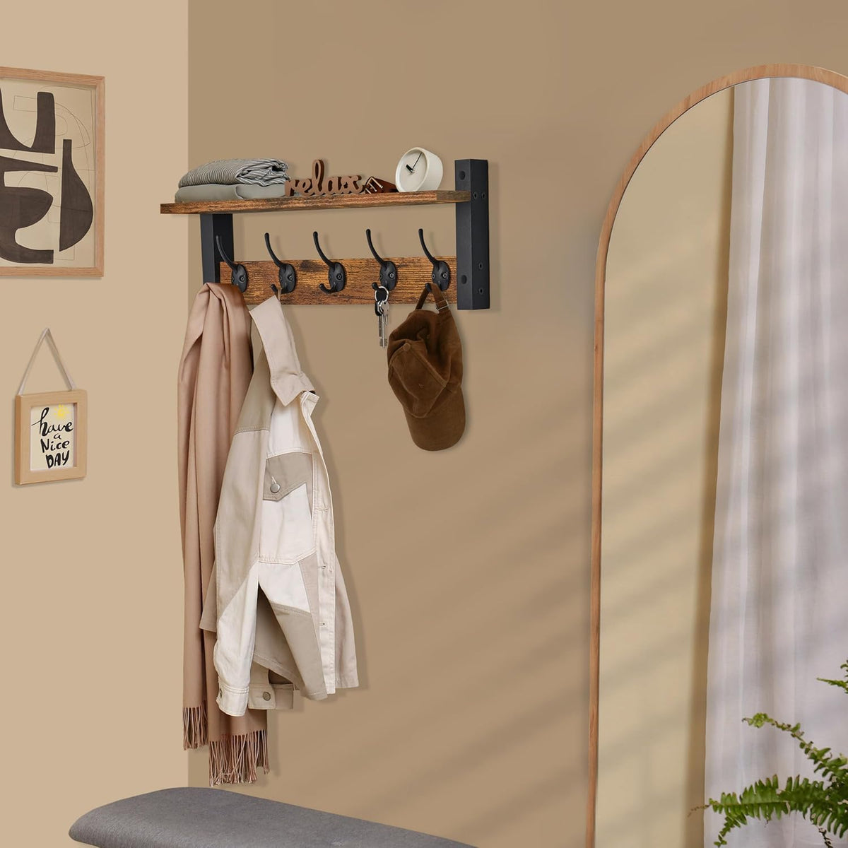 Sorbus Coat Hooks Wall Mount with Shelf – 24 Inch Coat Rack Wall Mount with 5 Heavy Duty Hooks