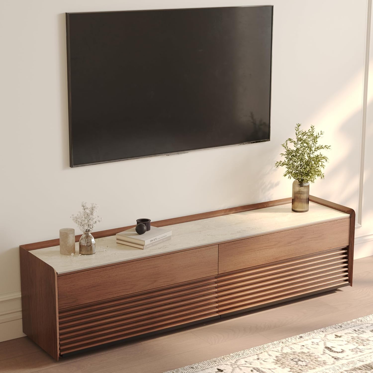 POVISON Fully-Assembled Mid Century Matte Sintered Stone TV Stand, 70.87" Wood Media Console with