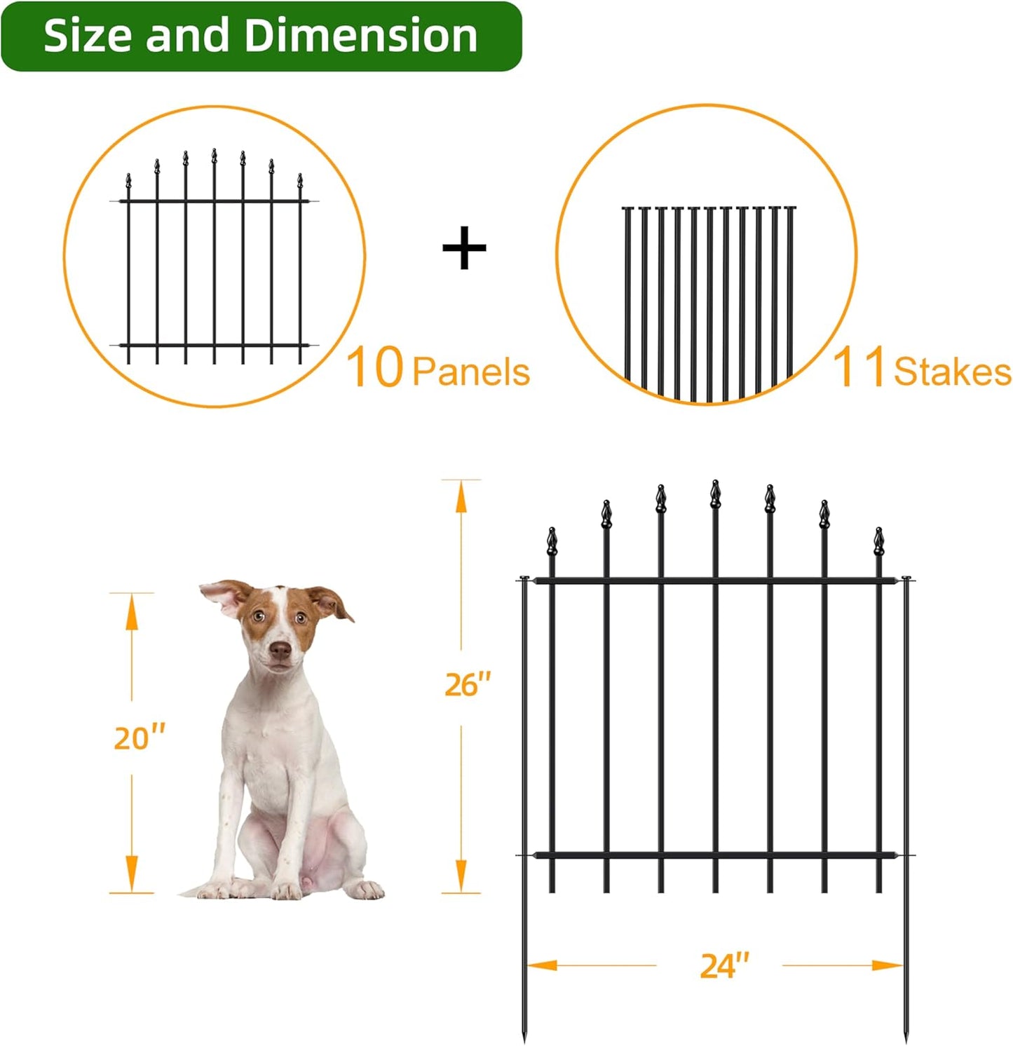 Metal Garden Fence 26 in H x 20ft L, 10 Panels + 11 Stakes Border Dog Fence Panels Animal Barrier