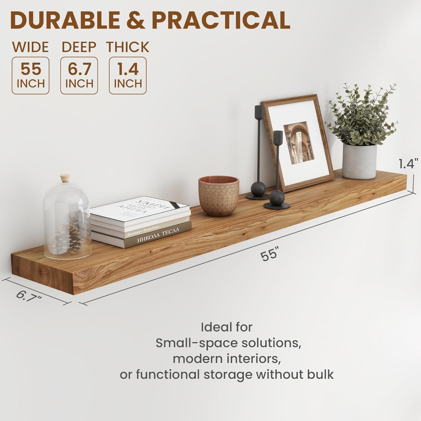 55" Floating Shelves for Wall, Rustic Elm Wood Floating Shelf for Home Decor, Wall-Mounted Display