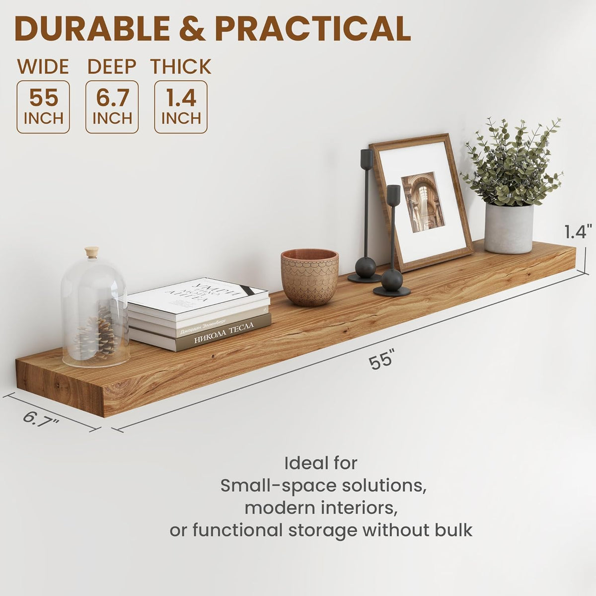 55" Floating Shelves for Wall, Rustic Elm Wood Floating Shelf for Home Decor, Wall-Mounted Display