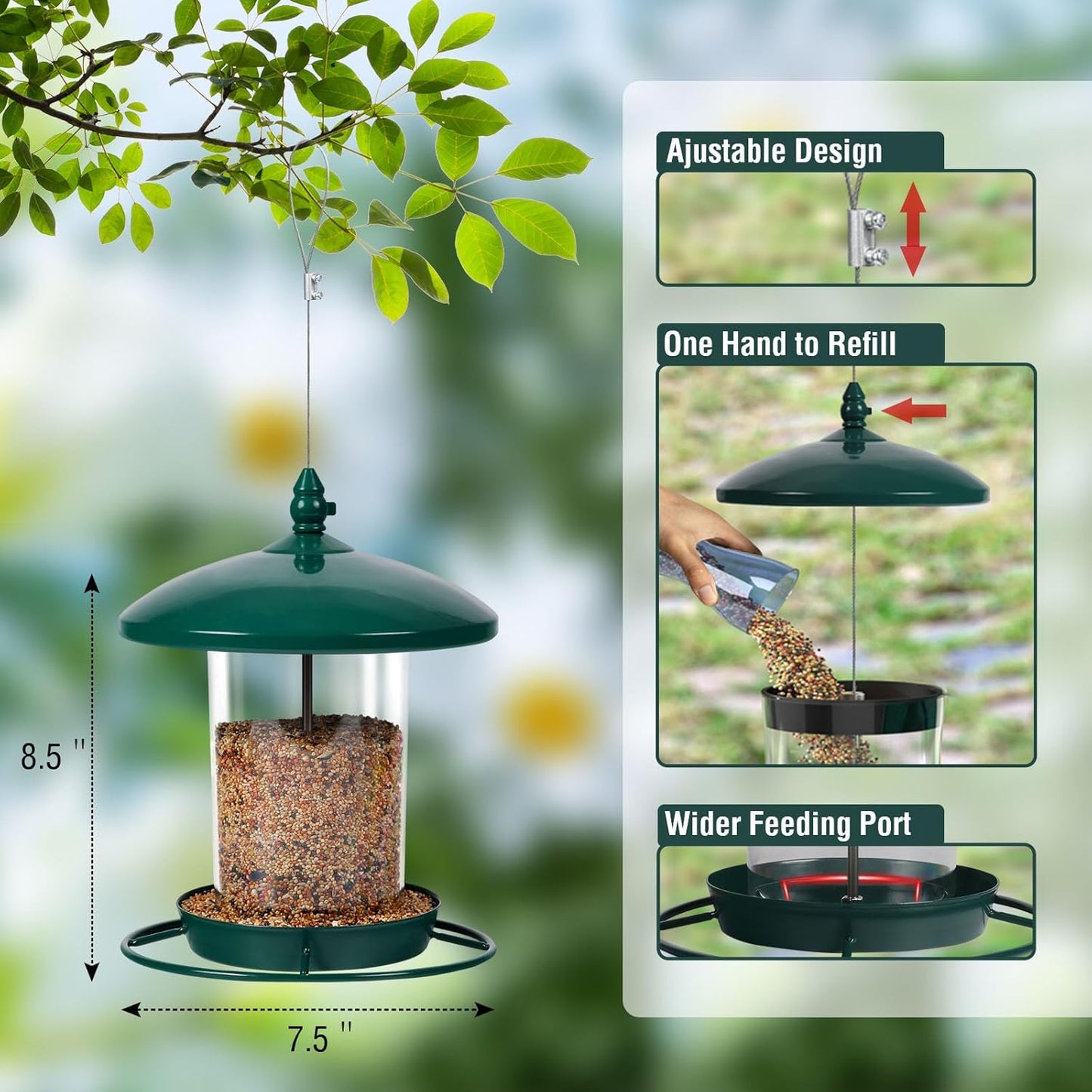 Metal Bird Feeder for Outdoors Hanging,3.0LB Seed Feeder,Easy to Fill & Clean,360° Feeding,Chew