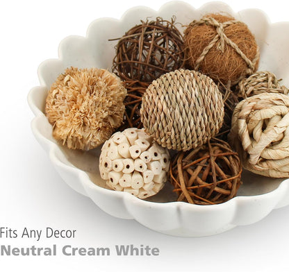 Large Fruit Bowl for Kitchen Counter-10.6" White Ceramic Fluted Scalloped Decorative Footed Bowl