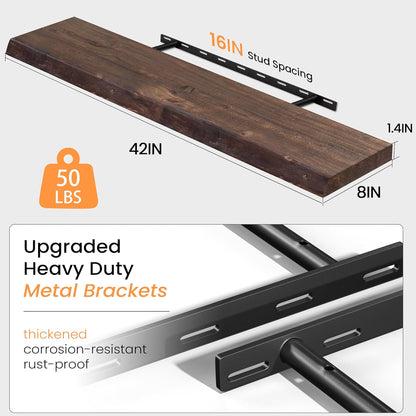 Fun Memories Solid Elm Wood Floating Shelves, 42 Inch Floating Shelves for Wall, Wall-Mounted Live