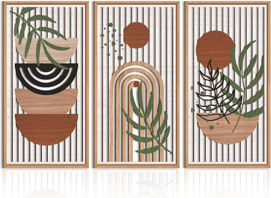IARTTOP Large Boho Wood Wall Art Framed 16x32 Inch Mid century Modern Wooden Wall Decor Abstract
