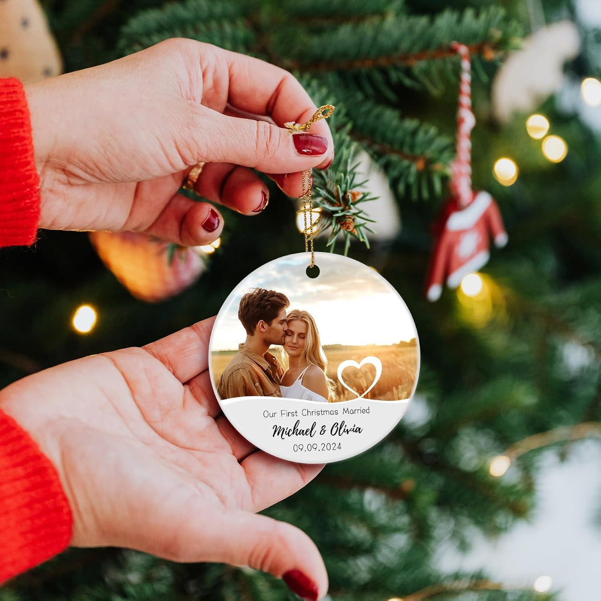 Our First Christmas Married Ornament, Personalized Photo Christmas Ornament 2025 for Newlyweds