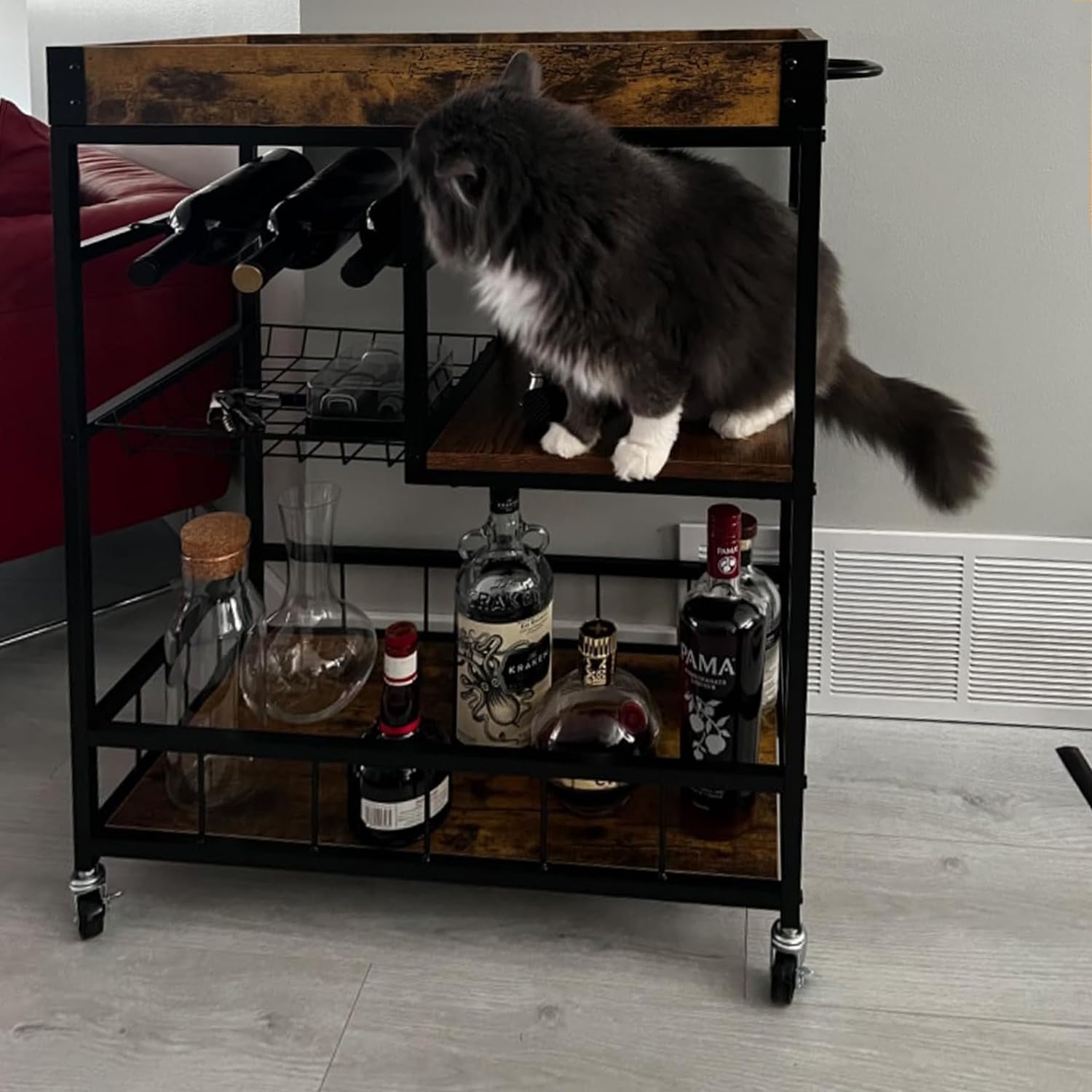Bar Cart with Basket 3 Tiers Home Rolling Wine Rack with Wheels Mobile Kitchen Industrial Vintage