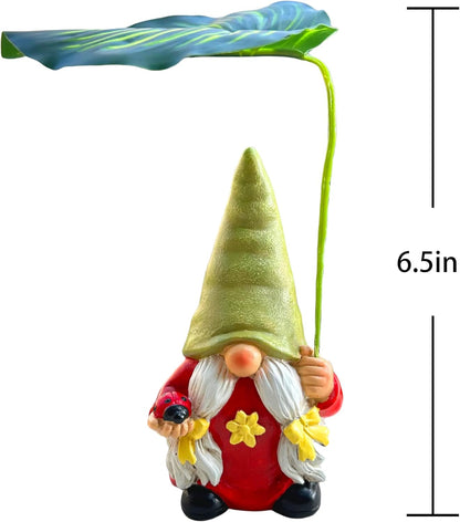 Garden Female Gnome Statue Decoration with Leaf Umbrella, 6.5” Figurine Ornament for Indoor Outdoor
