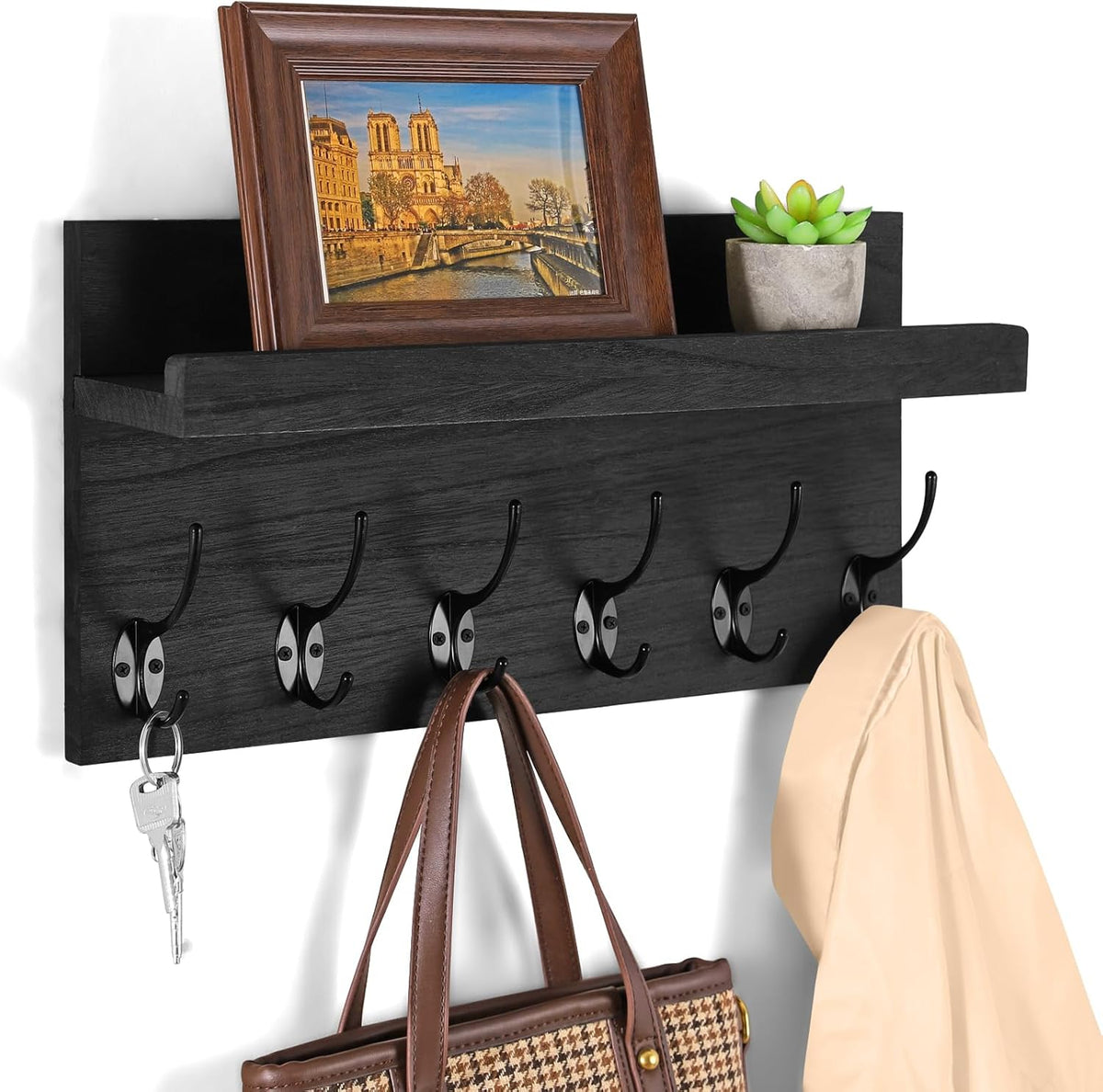 Shelf with Hooks, Coat Rack Wall Mount with 6 Double Metal Hooks, 17 Inch Farmhouse Wall Hooks with