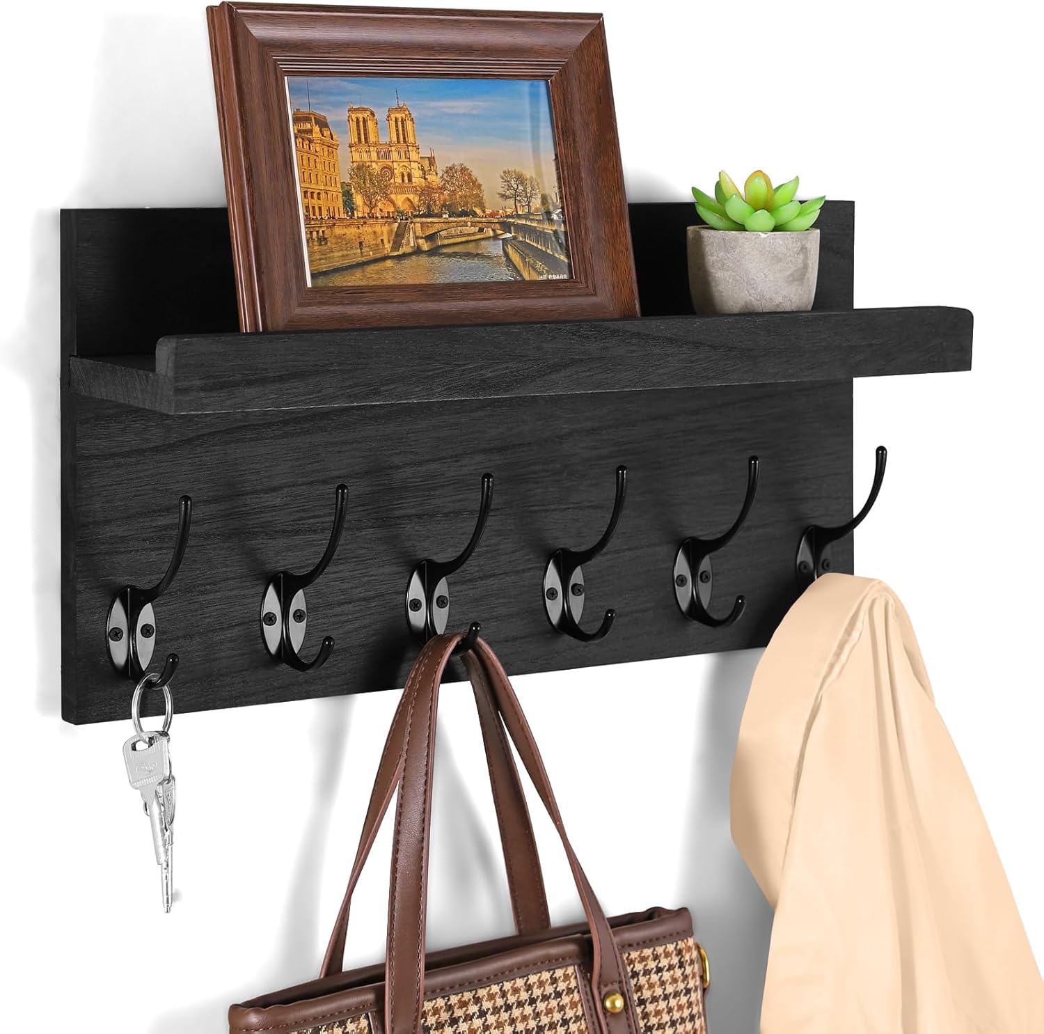 Shelf with Hooks, Coat Rack Wall Mount with 6 Double Metal Hooks, 17 Inch Farmhouse Wall Hooks with