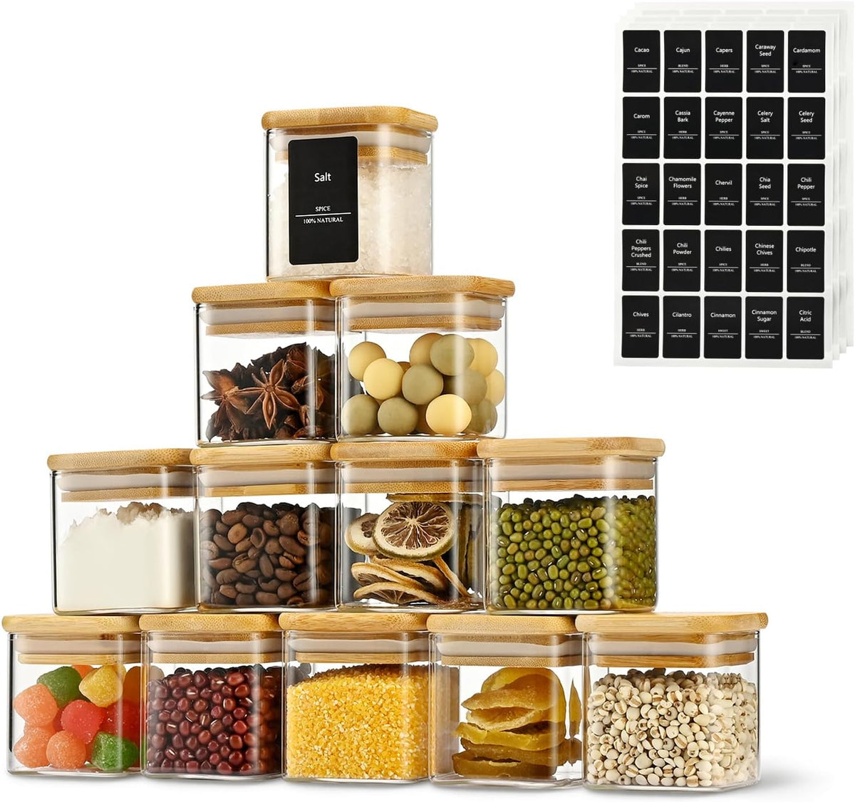 5oz Airtight Square Spice Containers with Bamboo Lid Set of 12 with Black Lables Storage Stackable