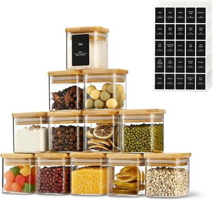 5oz Airtight Square Spice Containers with Bamboo Lid Set of 12 with Black Lables Storage Stackable