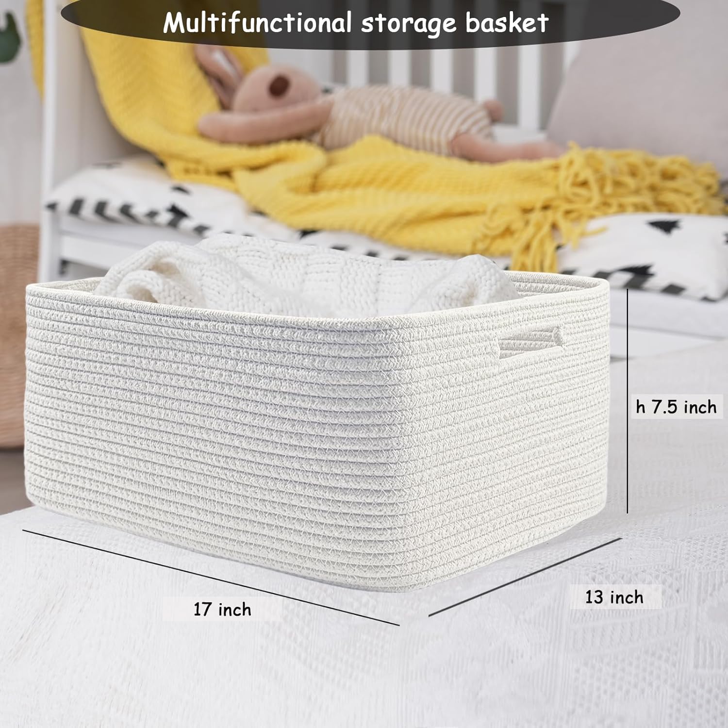 COMFY-HOMI Cotton Rope Woven Basket with Handles for Shelves,Toys,Book, Cloth Storage Baskets for