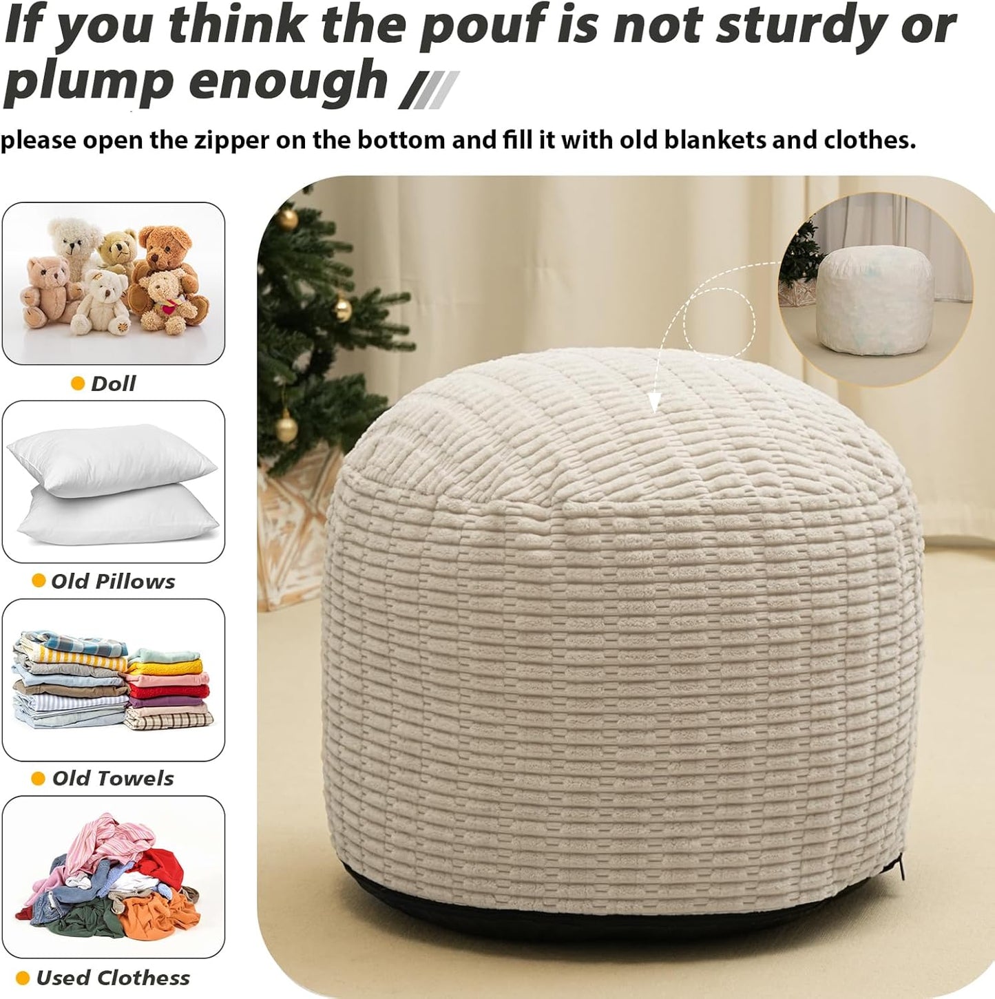 Round Stuffed Pouf Ottoman for Foot Rest, Storage Ottoman Pouf Foot Stool Cushion, Faux Fur Poufs