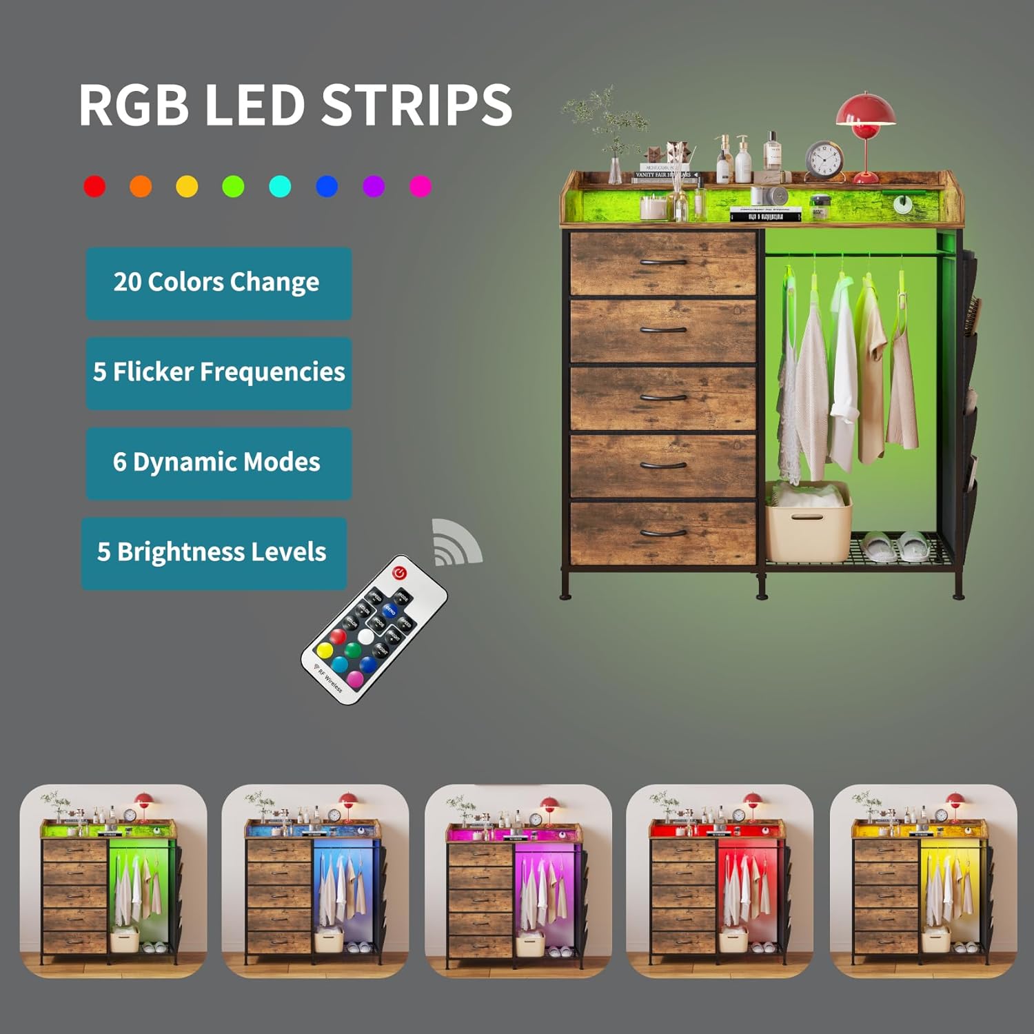 LUMTOK 2-in-1 Dresser with Hanging Racks,5 Fabric Drawers Dressers with LED Lights, Charging