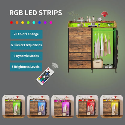 LUMTOK 2-in-1 Dresser with Hanging Racks,5 Fabric Drawers Dressers with LED Lights, Charging