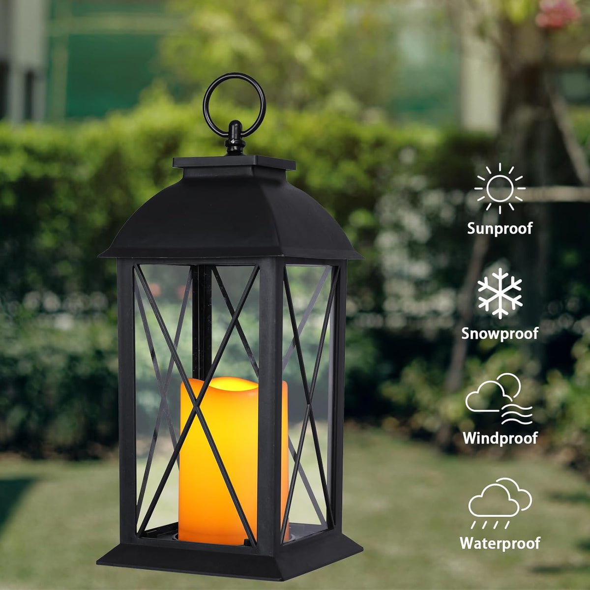 2 Pack 13-Inch Black Decorative Lantern with LED Candle, Battery Operated, Lightweight and Durable