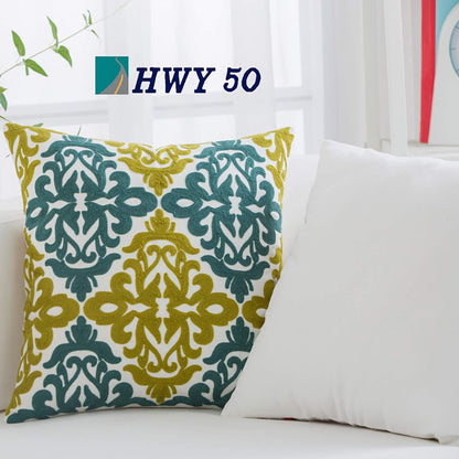HWY 50 Decorative Throw Pillow Covers 18x18 Inch (1 Piece), Embroidered Cotton Farmhouse Cushion