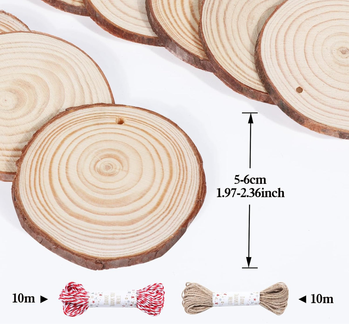 30 Pcs Wood Slices For Crafts, 1.7"-2.3” Pre-Drilled Holes Wood Rounds, 66 Feet Twine String