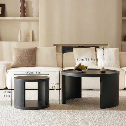 Round Nesting Coffee Table Set of 2,31.5" Large & 18" Small Low Tables with Wood Look