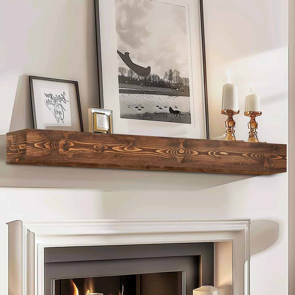 56x8x5 Fireplace Mantel - Handcrafted Hollow Rustic Solid Wood Wall Mounted Floating Shelf with