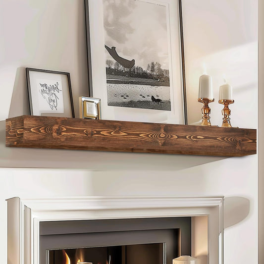 56x8x5 Fireplace Mantel - Handcrafted Hollow Rustic Solid Wood Wall Mounted Floating Shelf with