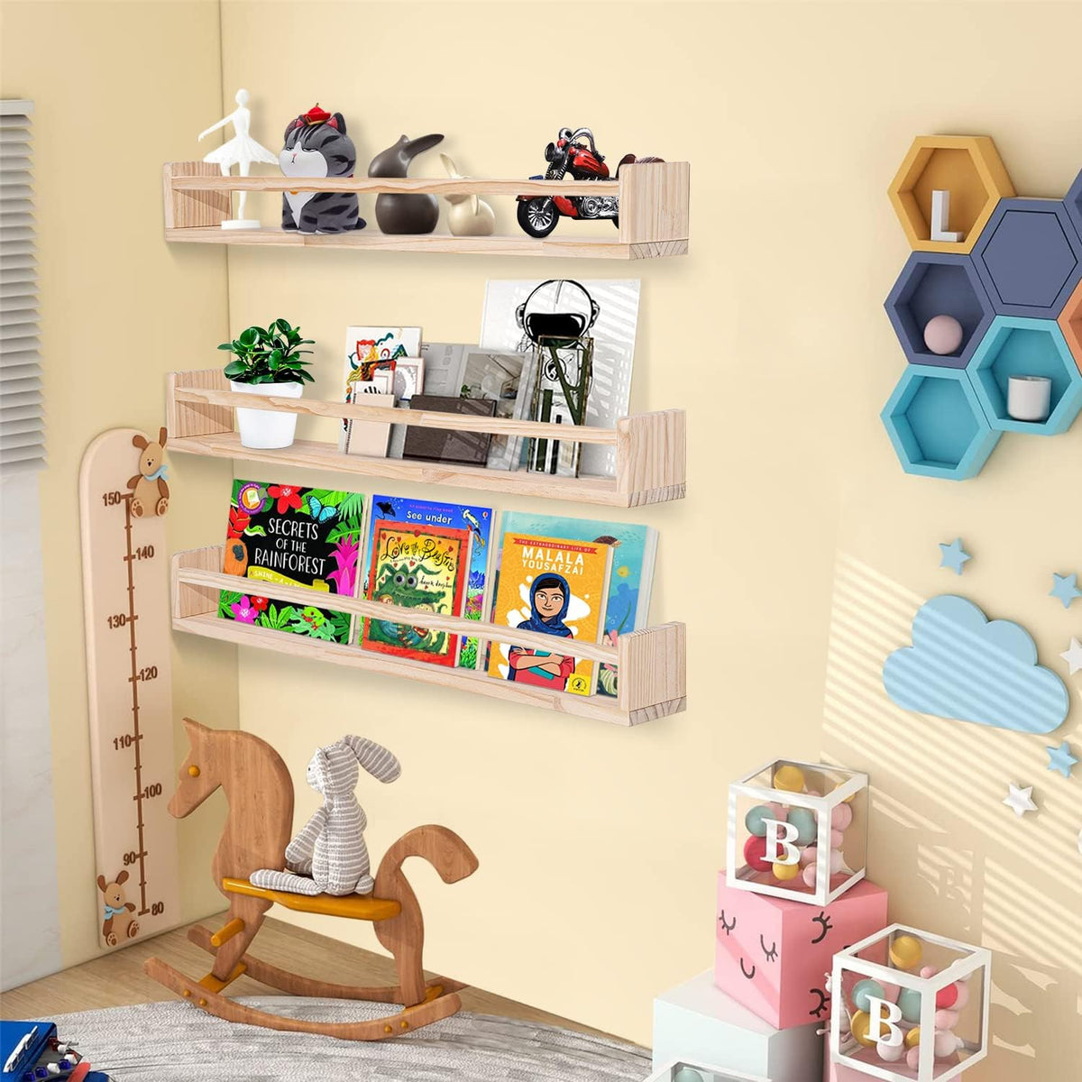 AZSKY Natural Wood Nursery Shelves Floating Wall Book Shelves Nursery Kids Baby Toddler Room Décor