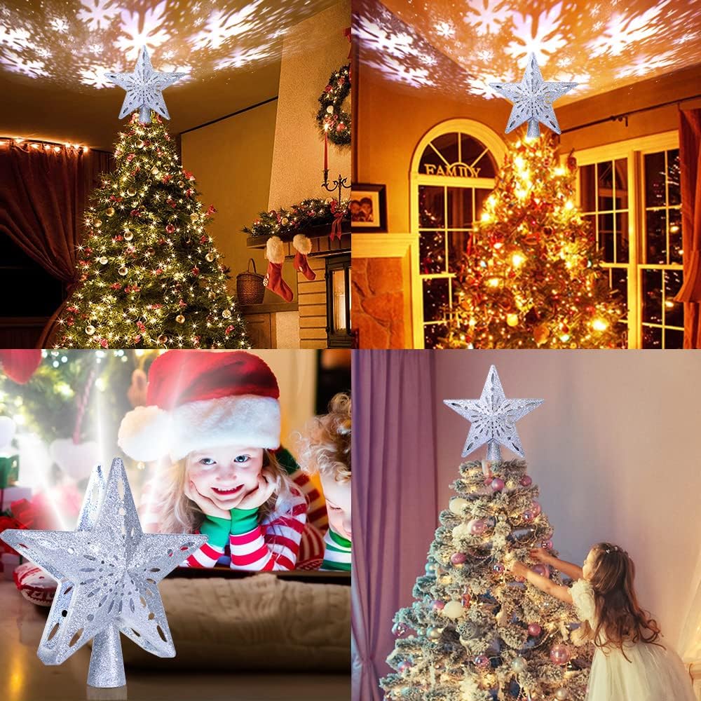 OurWarm Christmas Tree Topper Lighted Star Tree Toppers with LED Rotating Snowflake Projector