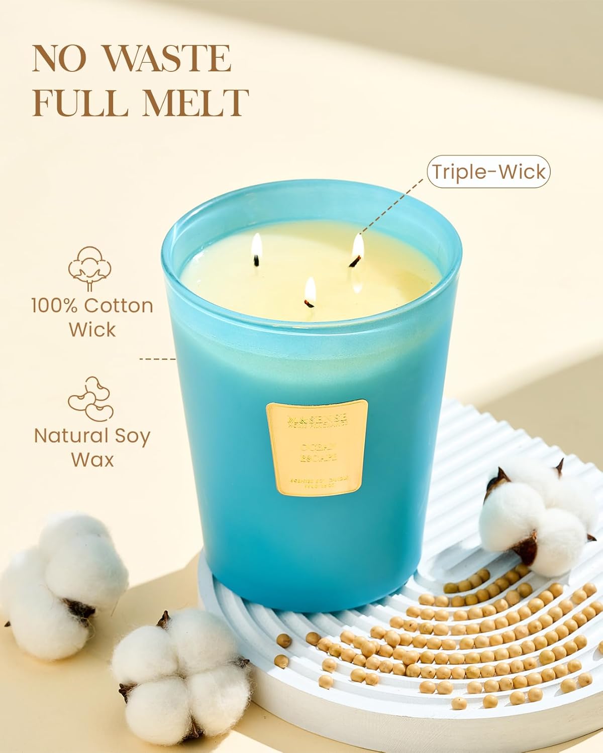 M&SENSE Ocean Escape Scented Candle 35oz 150H Burn Time Long Lasting, 3-Wick Natural Aromatherapy