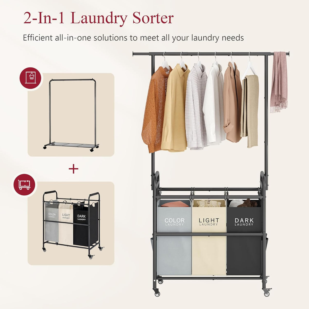 Tajsoon Laundry Sorter Cart with Hanging Clothes Rack, 3 Butler Sorter Basket Organizer, Laundry
