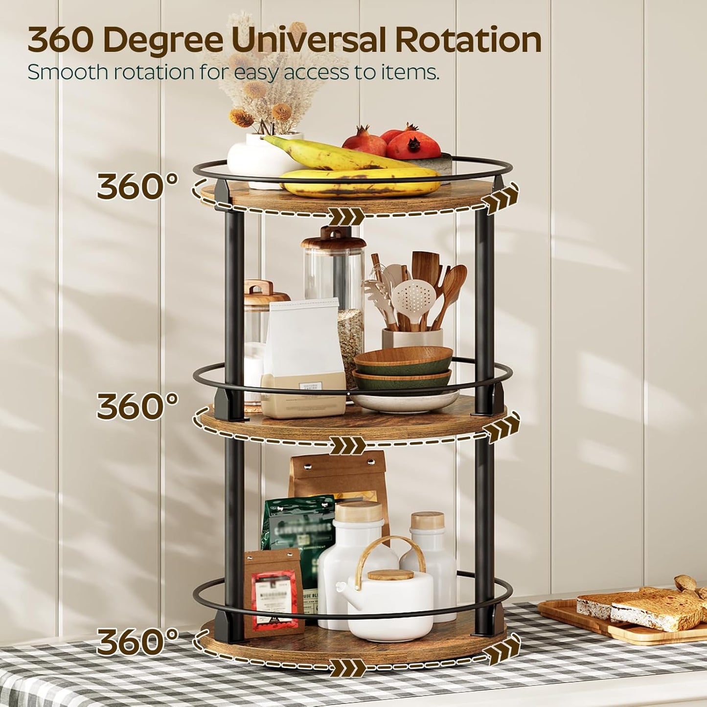 3-Tier Lazy Susan Organizer, Rotating Spice Rack, Spinning Organizer, Industrial Turntable Spice