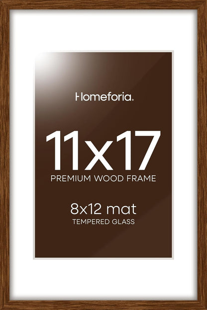 Homeforia 11x17 Brown Picture Frame, High End Dark Oak 11x17 Poster Wood Frame with Mat 8x12 Print
