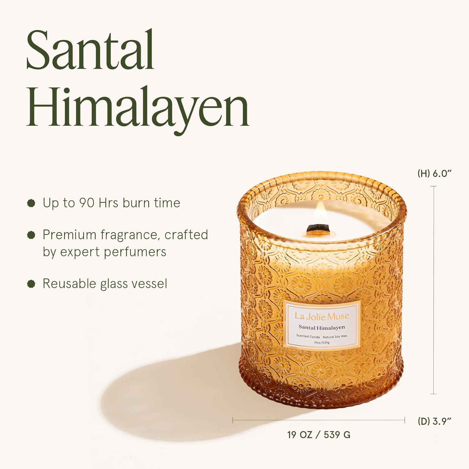 LA JOLIE MUSE Santal Himalayen Candle - Sandalwood, Fig & Amber |19 oz Large Wooden Wick Candle |
