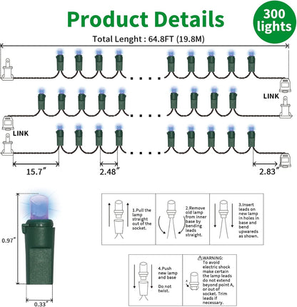 Blue Wide Angle LED Christmas Lights, 64.8 Ft 300 Count, Pack of 3 Strands 21.9 Ft 100 Lights UL